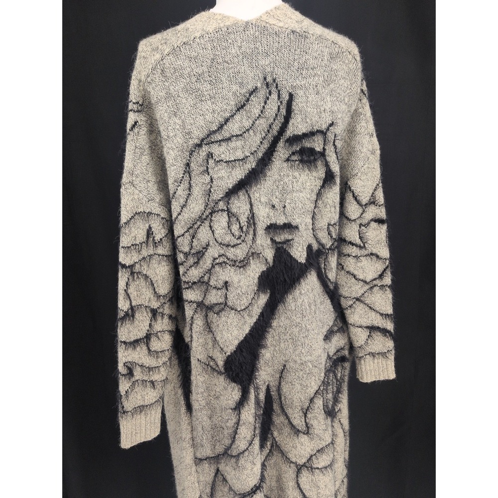 Fuzzy Knit Duster Cardigan Woman Face Graphic Artsy Avant Garde Statement S/M - Picture 3 of 9